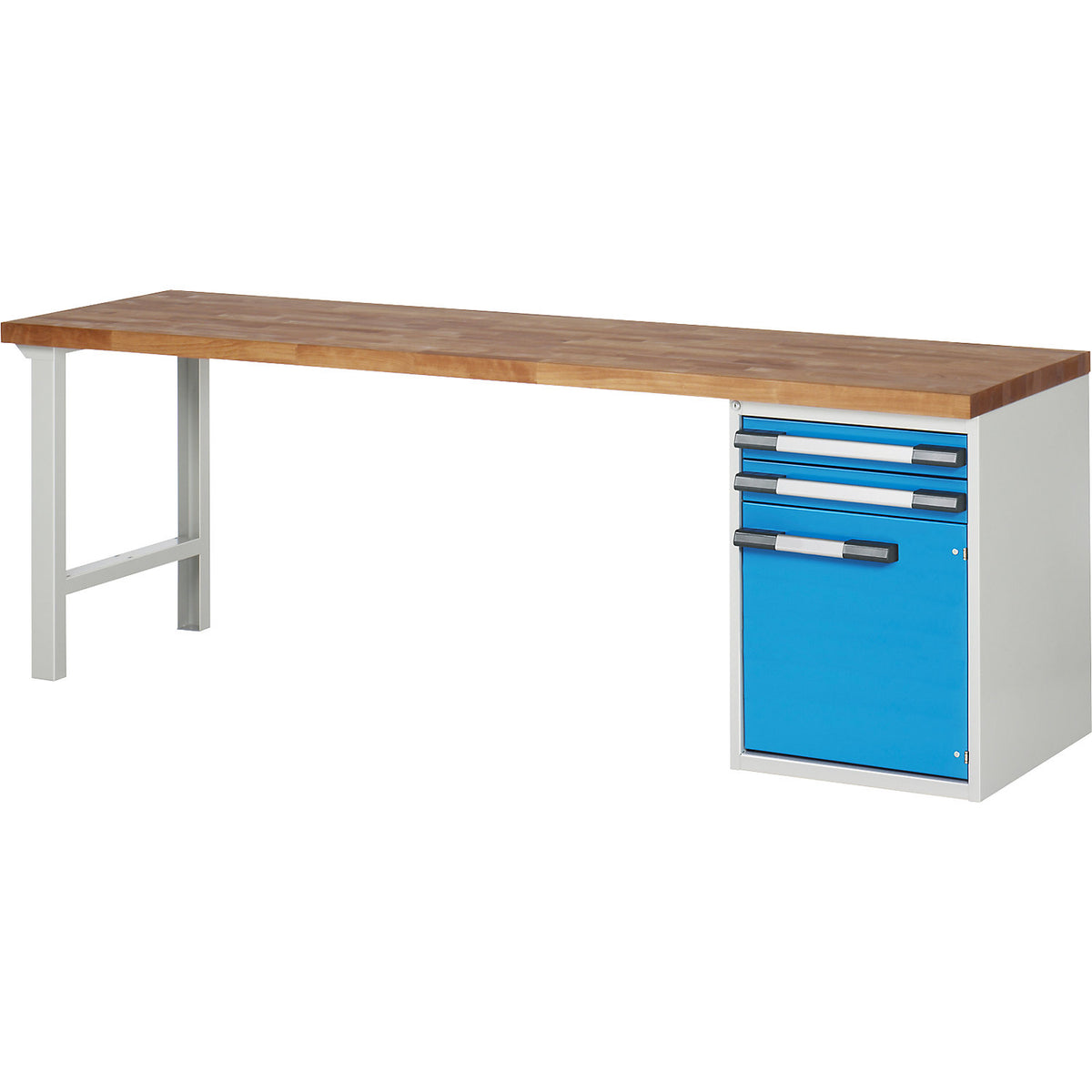 Workbench with fixed pedestals, series 7000 modular system, 1 fixed pedestal with 2 drawers + door, 1 foot, WxD 2500 x 700 mm.