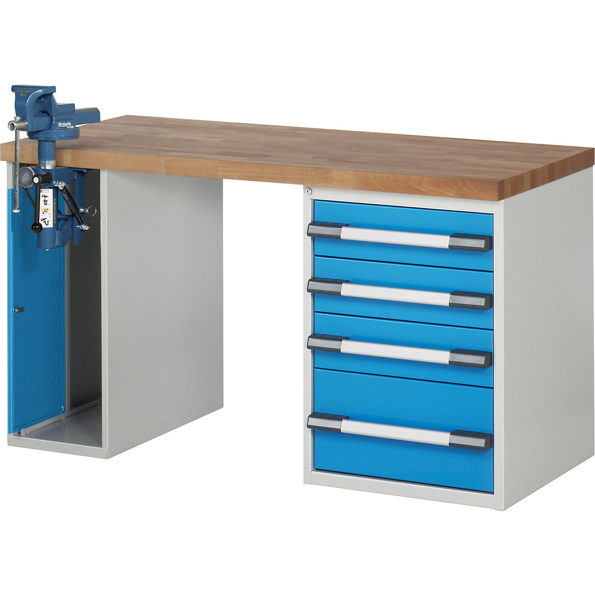 Workbench with vice cupboard, Series 7000 modular system, 1 fixed pedestal with 4 drawers, 1 vice container (folding lift) on the left, WxD 1500 x 700 mm.