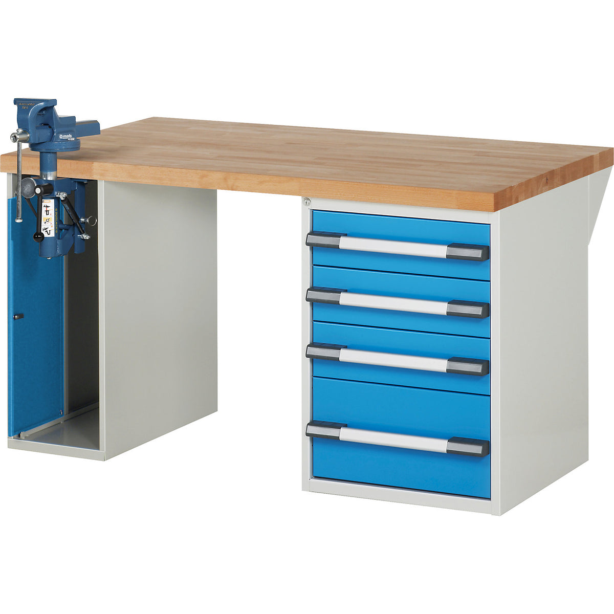 Workbench with vice cupboard, Series 7000 modular system, 1 fixed pedestal with 4 drawers, 1 vice container (folding lift) on the left, WxD 1500 x 900 mm.