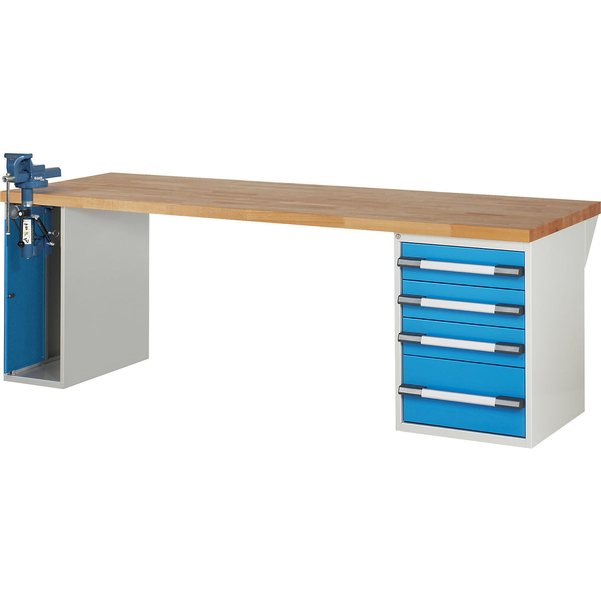 Workbench with vice cupboard, Series 7000 modular system, 1 fixed pedestal with 4 drawers, 1 vice container (folding lift) on the left, WxD 2500 x 900 mm.