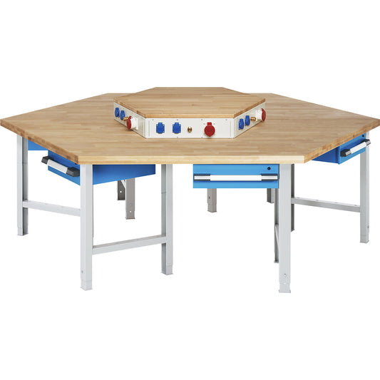 Group workbench, 6 workstations, 6 drawers, with power block, height 790 - 1140 mm.