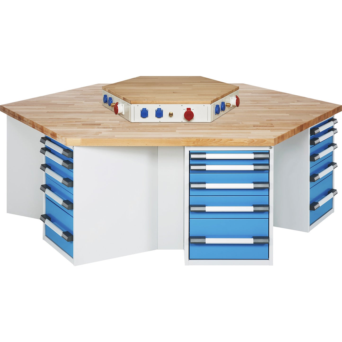 Group workbench, 6 workstations, with power block, height 890 mm.