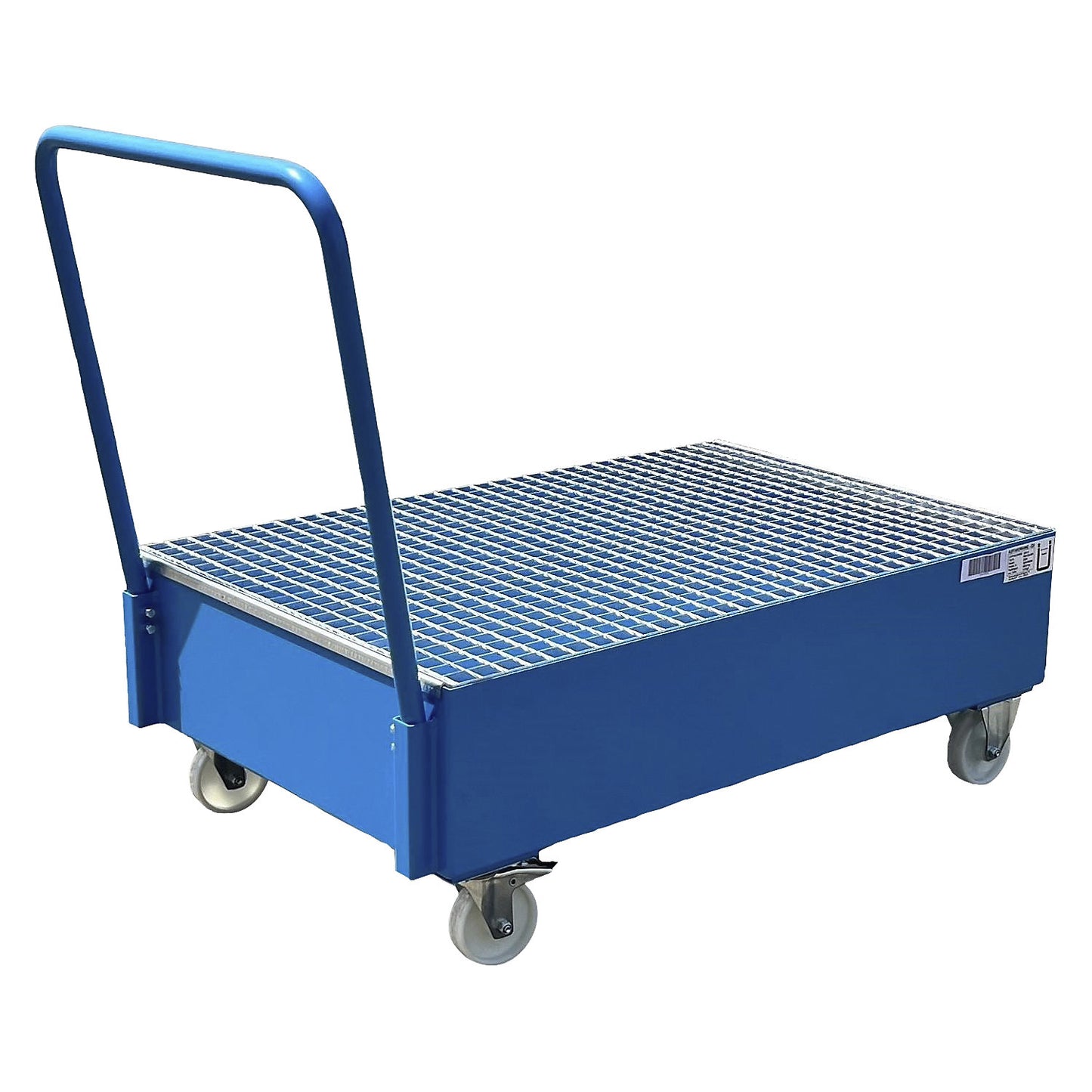 Mobile sump tray made of sheet steel, LxW 1200 x 800 mm, 2 x 200 l vertical drums, blue RAL 5012.