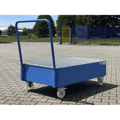 Mobile sump tray made of sheet steel, LxW 1200 x 800 mm, 2 x 200 l vertical drums, blue RAL 5012.