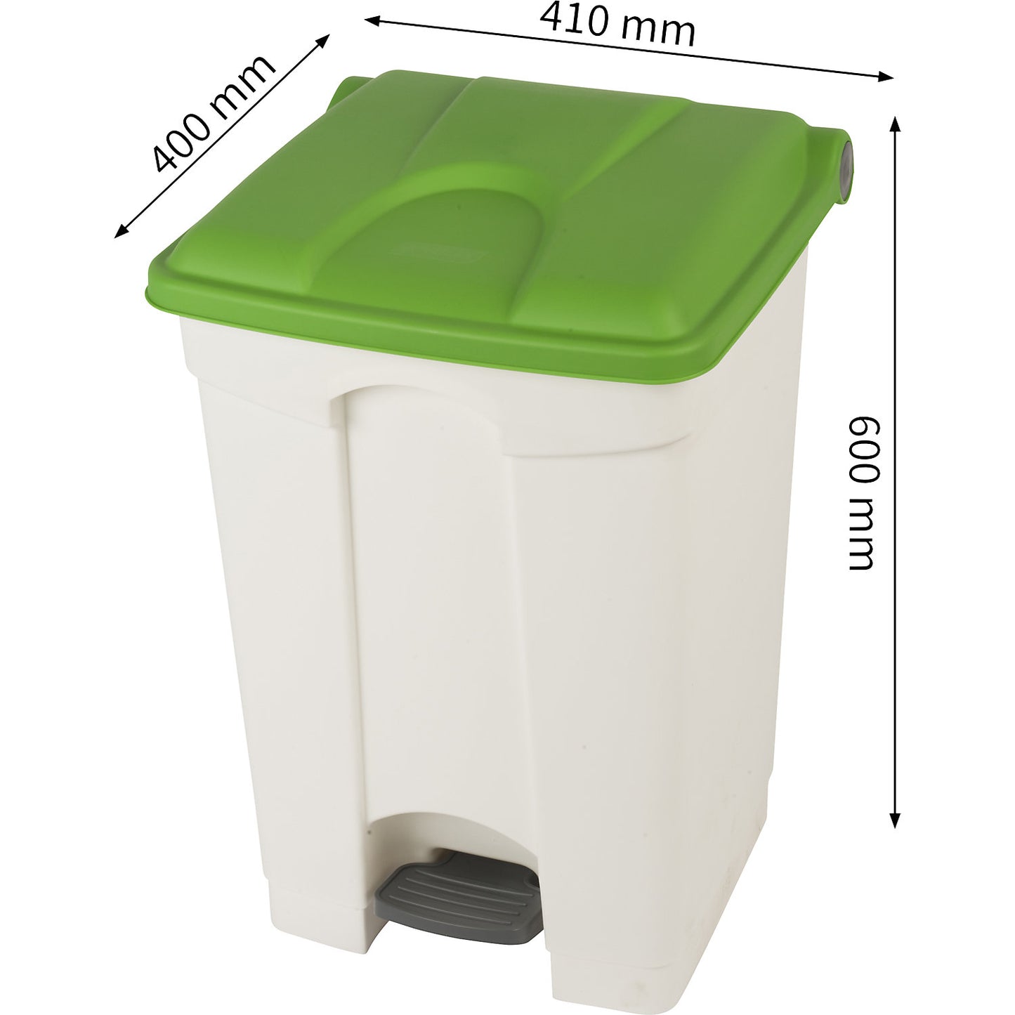 Foot pedal bin, capacity 45 l, WxHxD 410 x 600 x 400 mm, white, green lid.