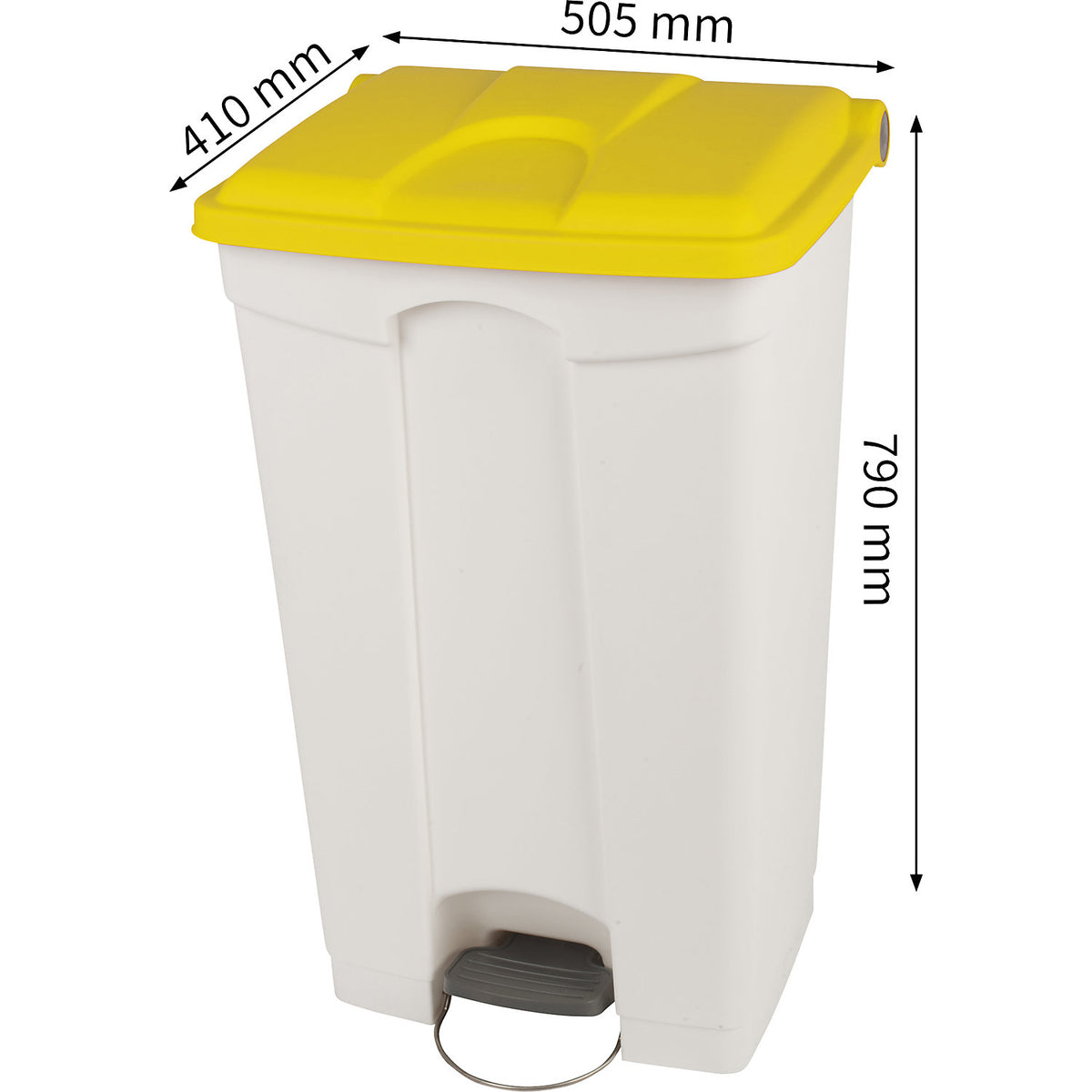 Foot pedal bin, capacity 90 l, WxHxD 505 x 790 x 410 mm, white, yellow lid.