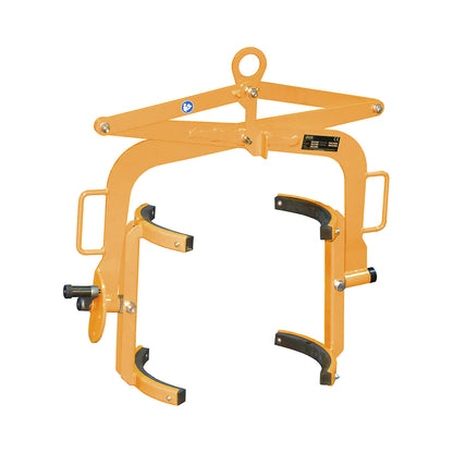 Drum tilting clamp, for 60 l steel bung drums and drums with lids, orange.