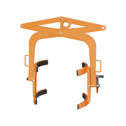 Drum tilting clamp, for 200 l steel bung drums and drums with lids, orange.
