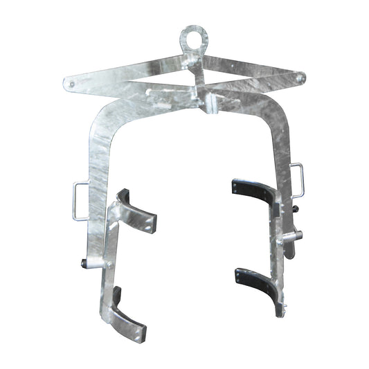 Drum tilting clamp, for 200 l steel bung drums and drums with lids, galvanised.
