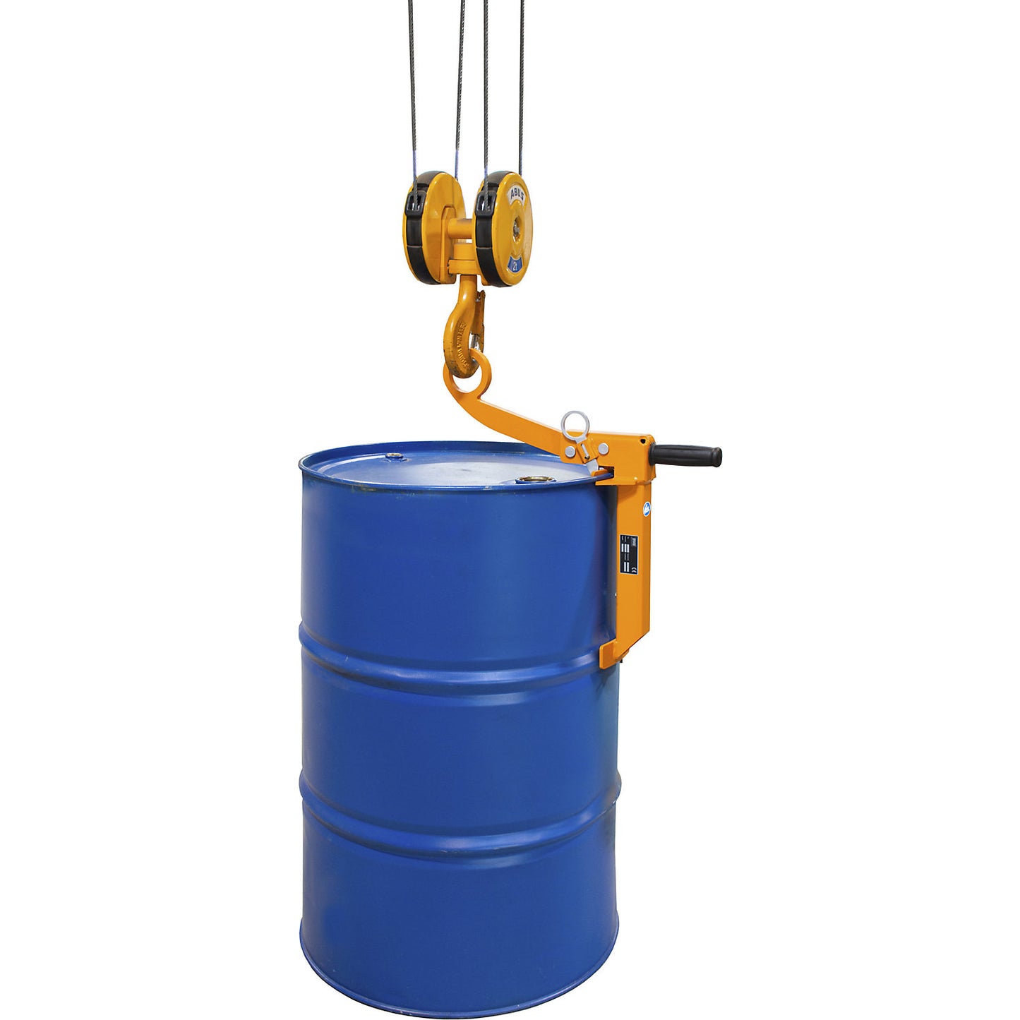 Drum clamp, for upright, 200 l steel bung drums, orange.