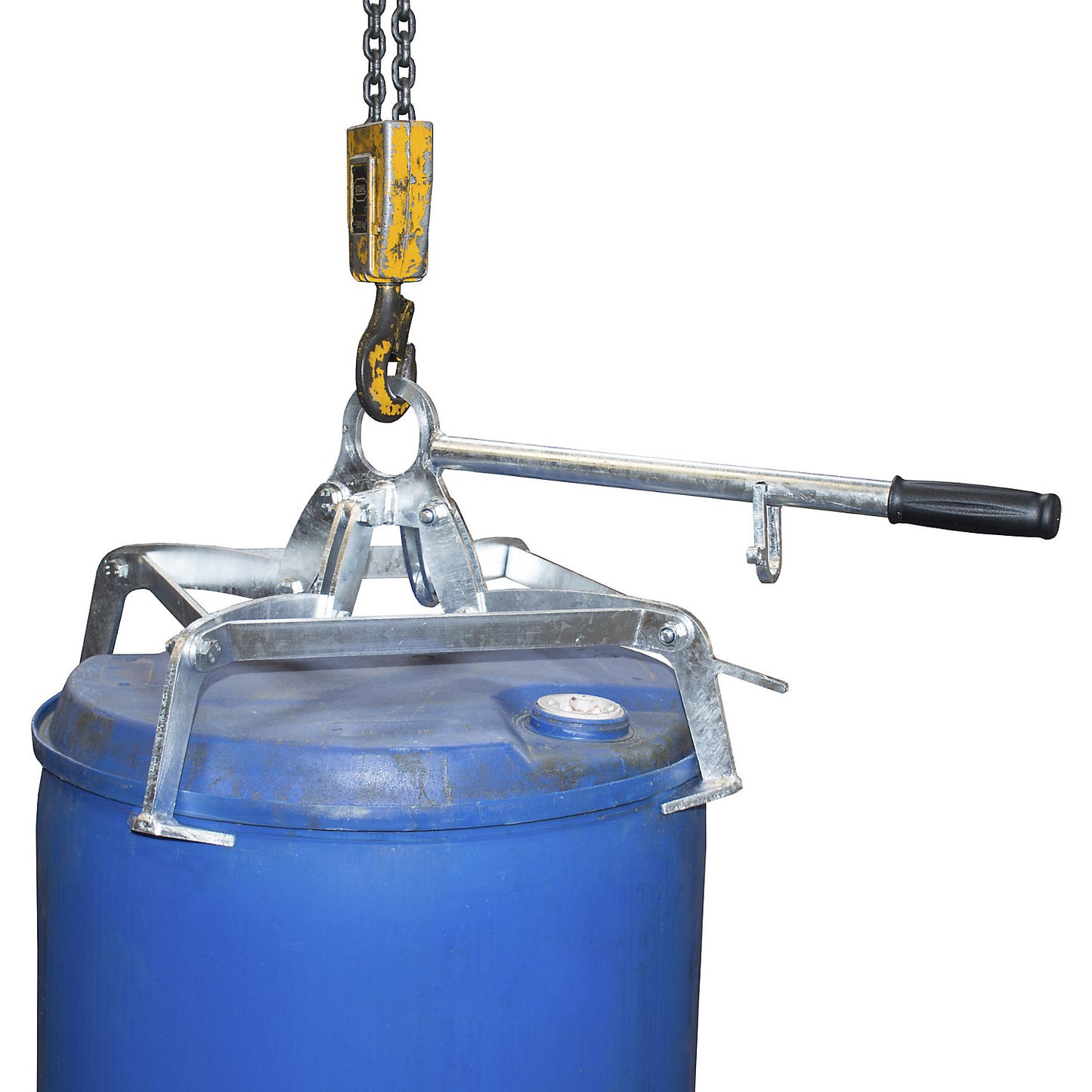 Drum gripper with 4-point clamping system, for 220 l plastic drums with lids, galvanised.