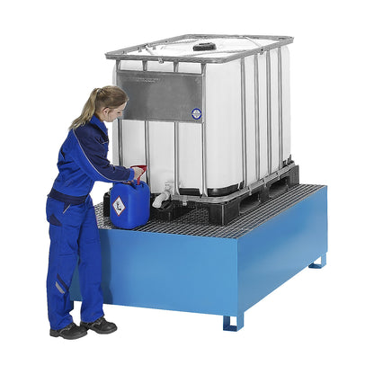 Steel sump tray for IBC/CTC tank containers, for 1 x 1000 l container / 4 x 200 l vertical drums, powder coated, blue RAL 5012.