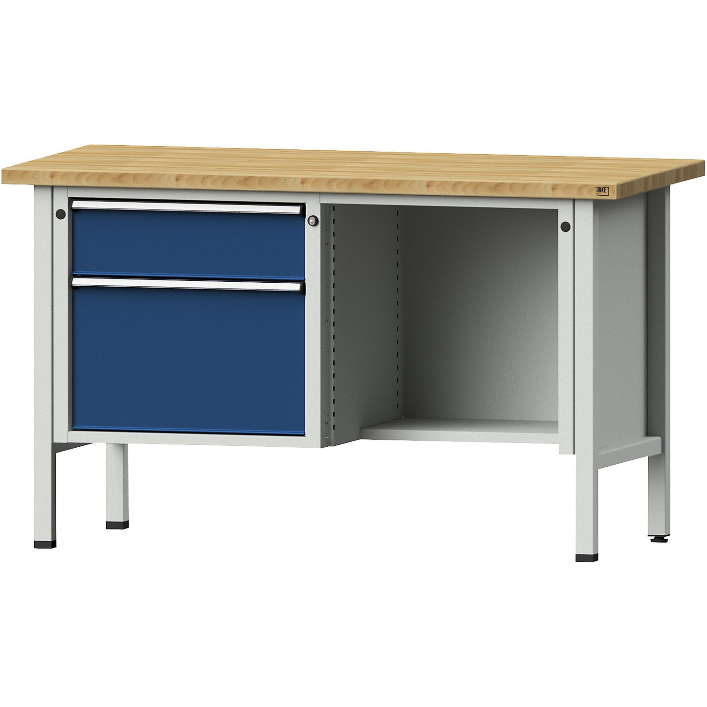Workbench, Series V frame construction, 2 drawers, ½ shelf, height 890 mm, solid beech.