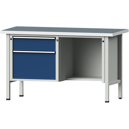 Workbench, Series V frame construction, 2 drawers, ½ shelf, height 890 mm, universal worktop.