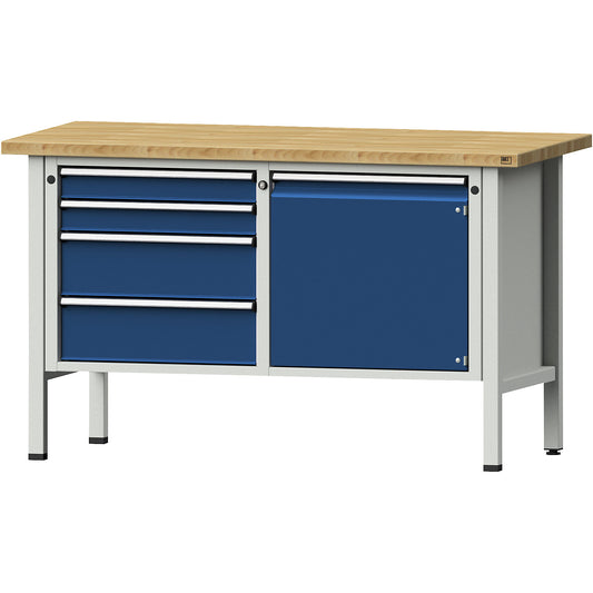 Workbench, Series V frame construction, 4 drawers, door 540 mm, working height 890 mm, solid beech.