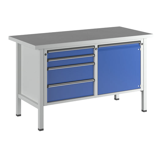 Workbench, Series V frame construction, 4 drawers, door 540 mm, working height 890 mm, universal worktop.