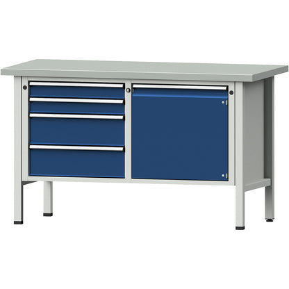 Workbench, Series V frame construction, 4 drawers, door 540 mm, working height 890 mm, sheet steel cover.