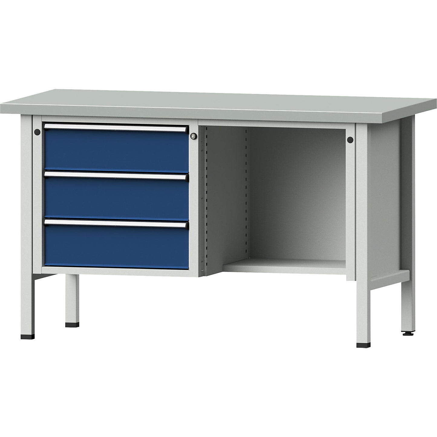 Workbench, Series V frame construction, 3 drawers, ½ shelf, working height 890 mm, sheet steel cover.