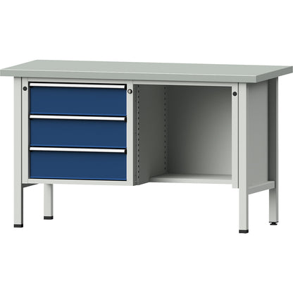 Workbench, Series V frame construction, 3 drawers, ½ shelf, working height 890 mm, sheet steel cover.