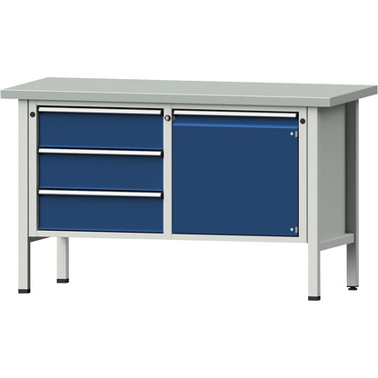Workbench, Series V frame construction, 3 drawers, door 540 mm, height 890 mm, sheet steel cover.