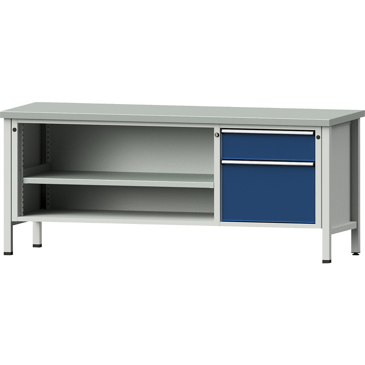 Workbench, Series V frame construction, 1 x 180 mm drawer, 1 x 360 mm drawer, height 890 mm, sheet steel cover.