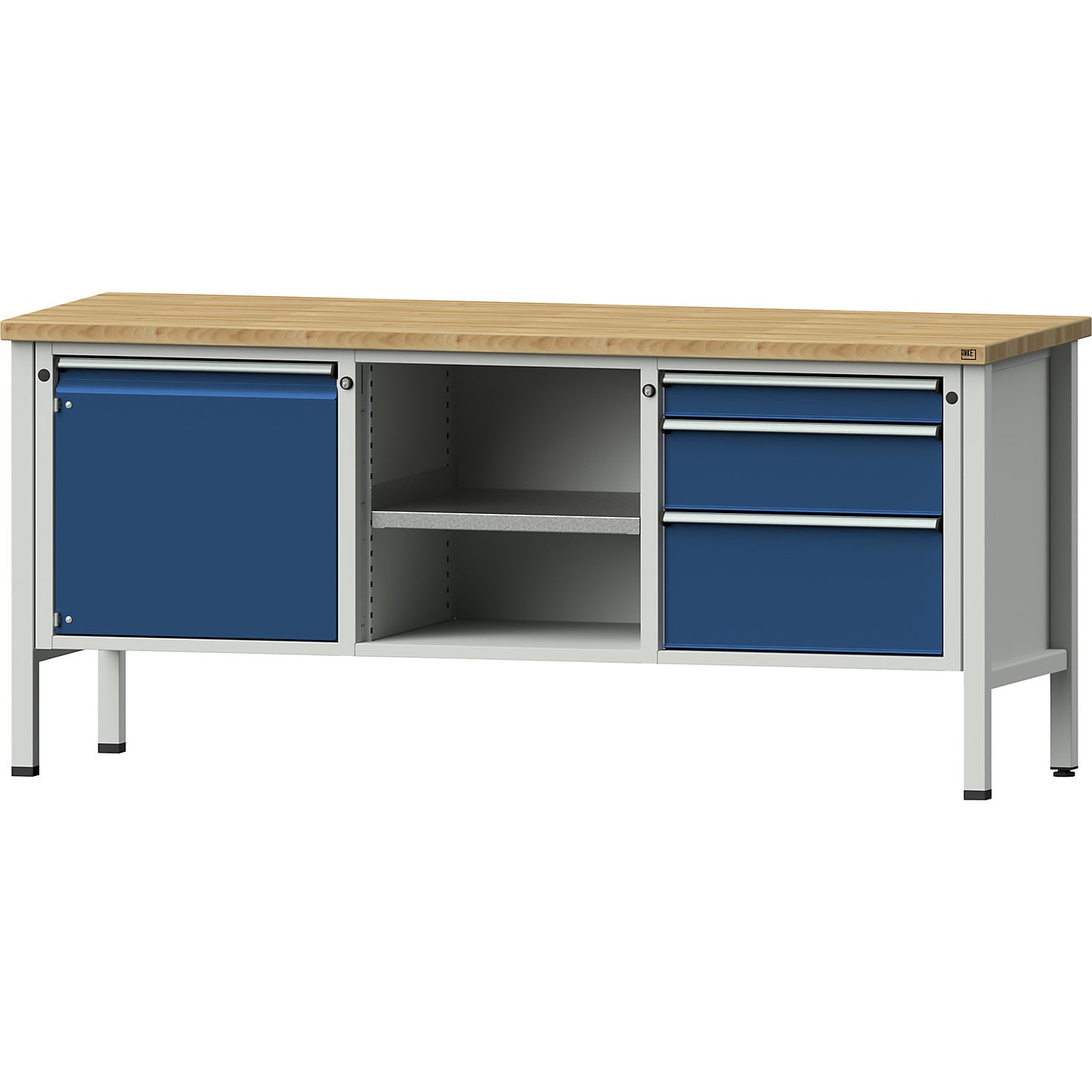 Workbench, Series V frame construction, 1 x 540 mm door, 3 drawers, height 890 mm, solid beech.