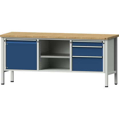 Workbench, Series V frame construction, 1 x 540 mm door, 3 drawers, height 890 mm, solid beech.