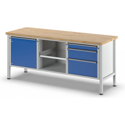 Workbench, Series V frame construction, 1 x 540 mm door, 3 drawers, height 890 mm, universal worktop.