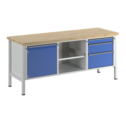 Workbench, Series V frame construction, 1 x 540 mm door, 3 drawers, height 890 mm, universal worktop.