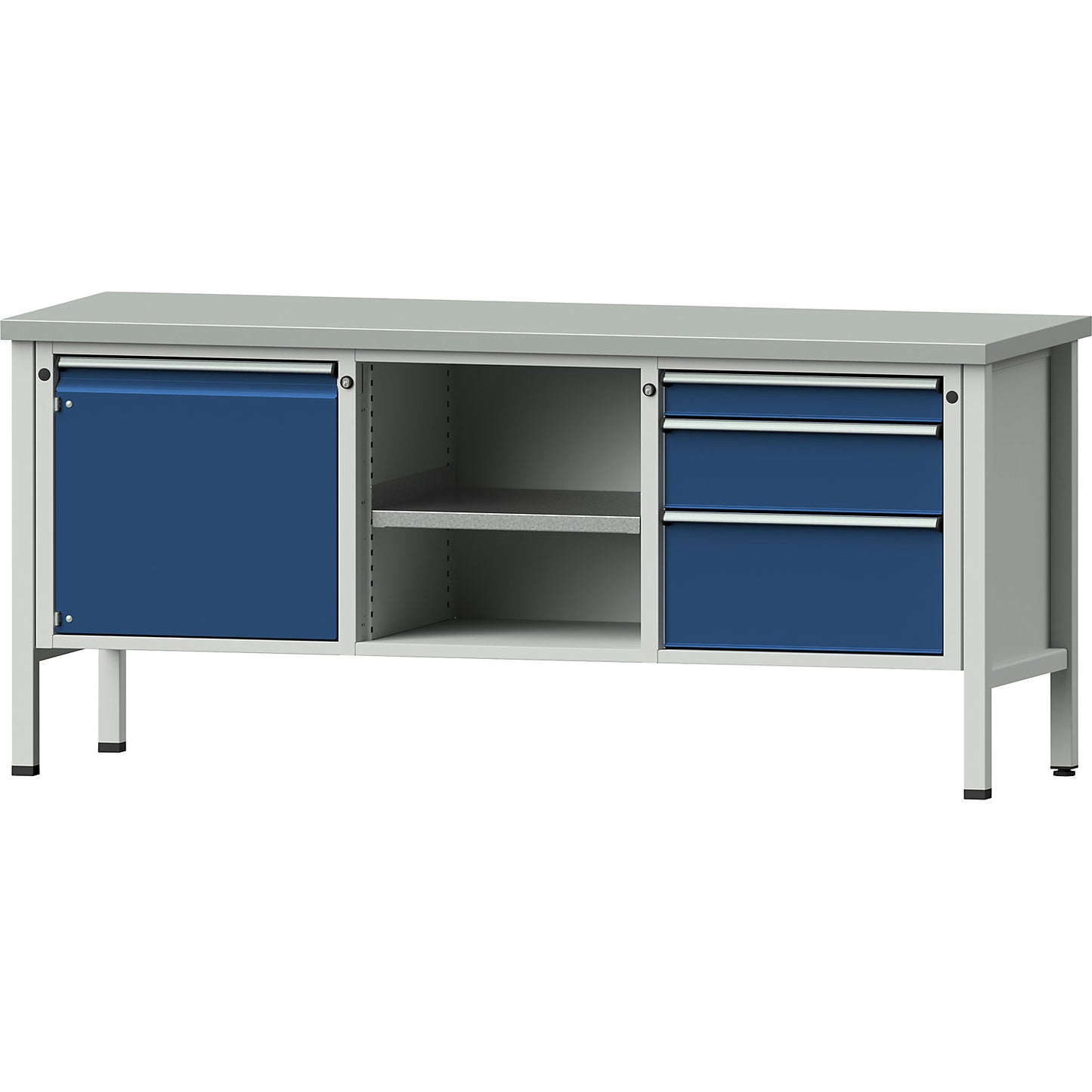 Workbench, Series V frame construction, 1 x 540 mm door, 3 drawers, height 890 mm, sheet steel cover.
