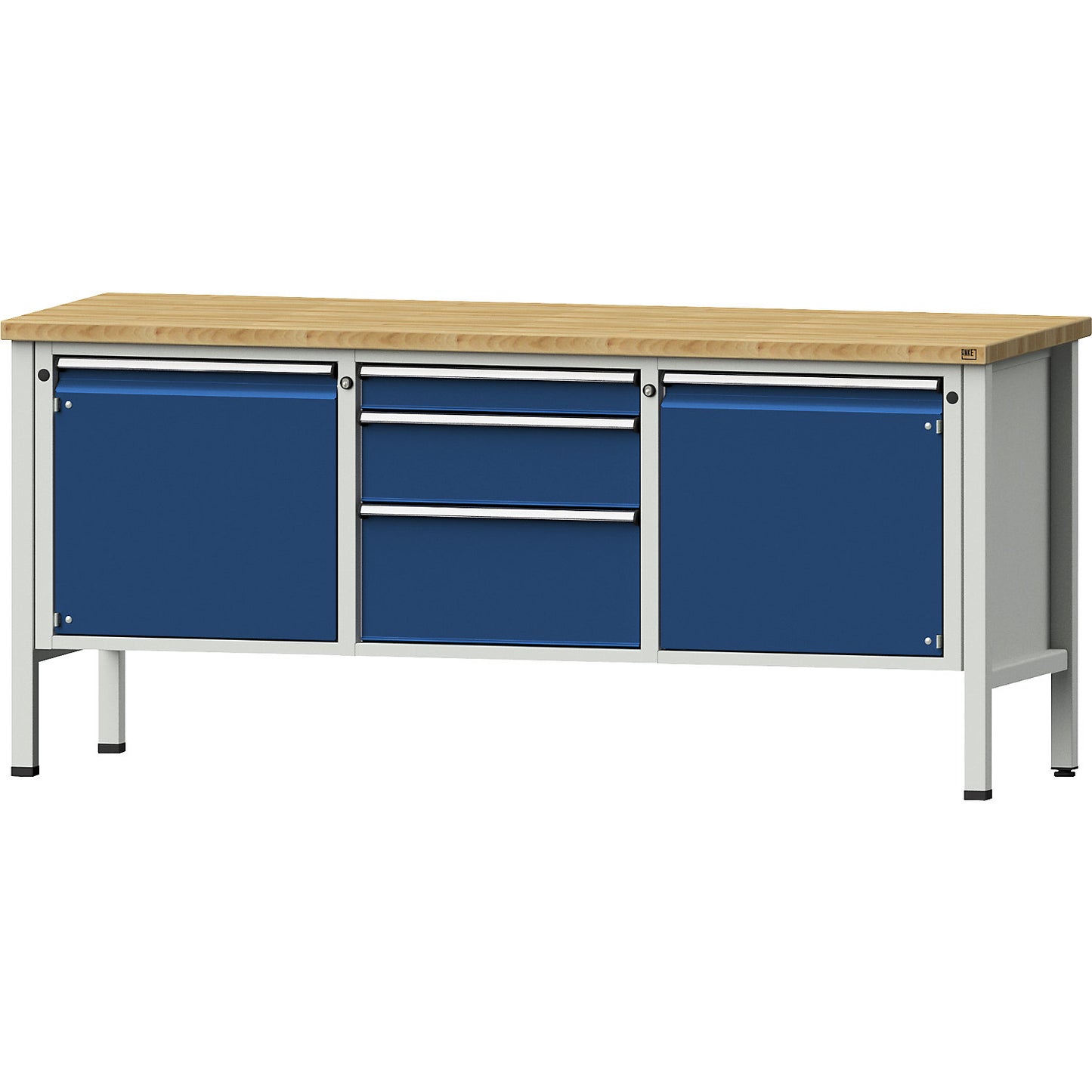 Workbench, Series V frame construction, 2 x 540 mm doors, 3 drawers, height 890 mm, solid beech.