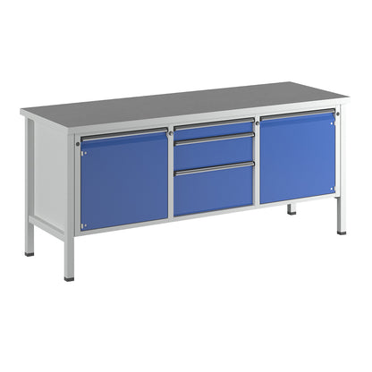 Workbench, Series V frame construction, 2 x 540 mm doors, 3 drawers, height 890 mm, universal worktop.