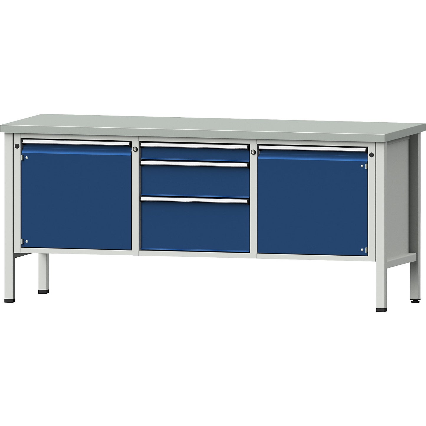 Workbench, Series V frame construction, 2 x 540 mm doors, 3 drawers, height 890 mm, sheet steel cover.