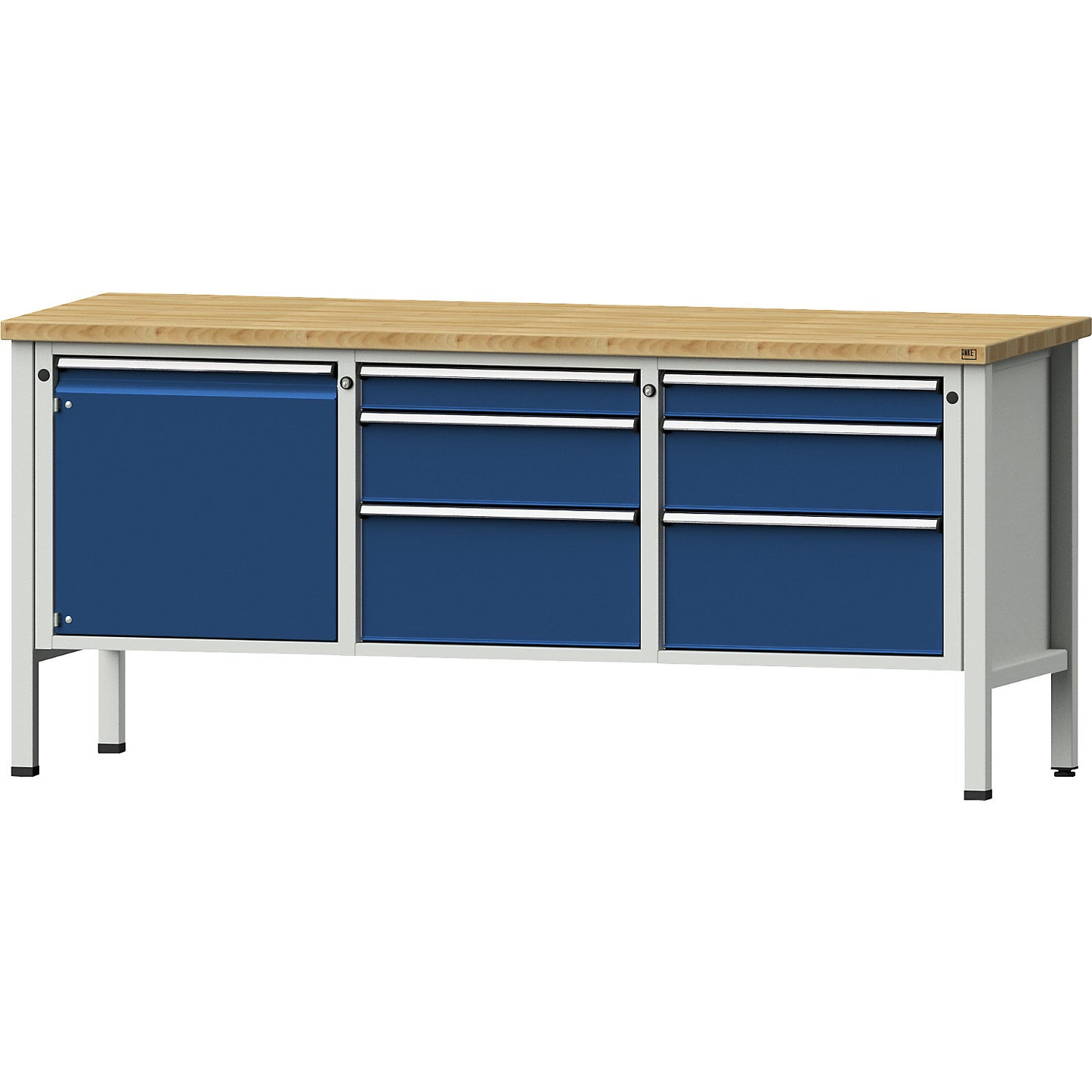Workbench, Series V frame construction, 1 x 540 mm door, 6 drawers, height 890 mm, solid beech.