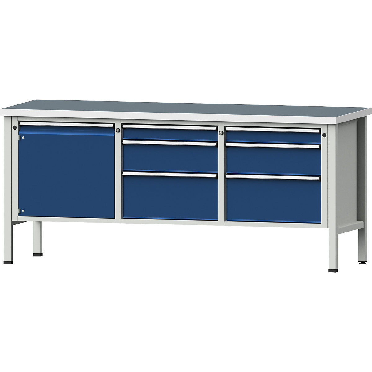 Workbench, Series V frame construction, 1 x 540 mm door, 6 drawers, height 890 mm, universal worktop.