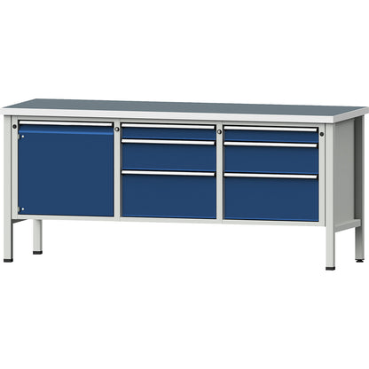 Workbench, Series V frame construction, 1 x 540 mm door, 6 drawers, height 890 mm, universal worktop.