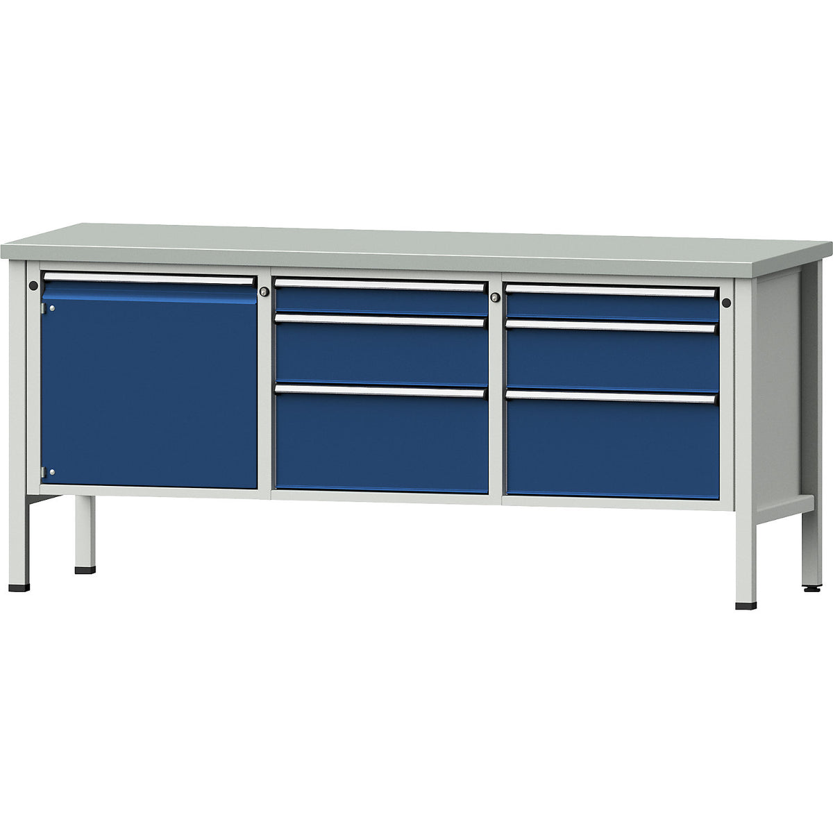 Workbench, Series V frame construction, 1 x 540 mm door, 6 drawers, height 890 mm, sheet steel cover.