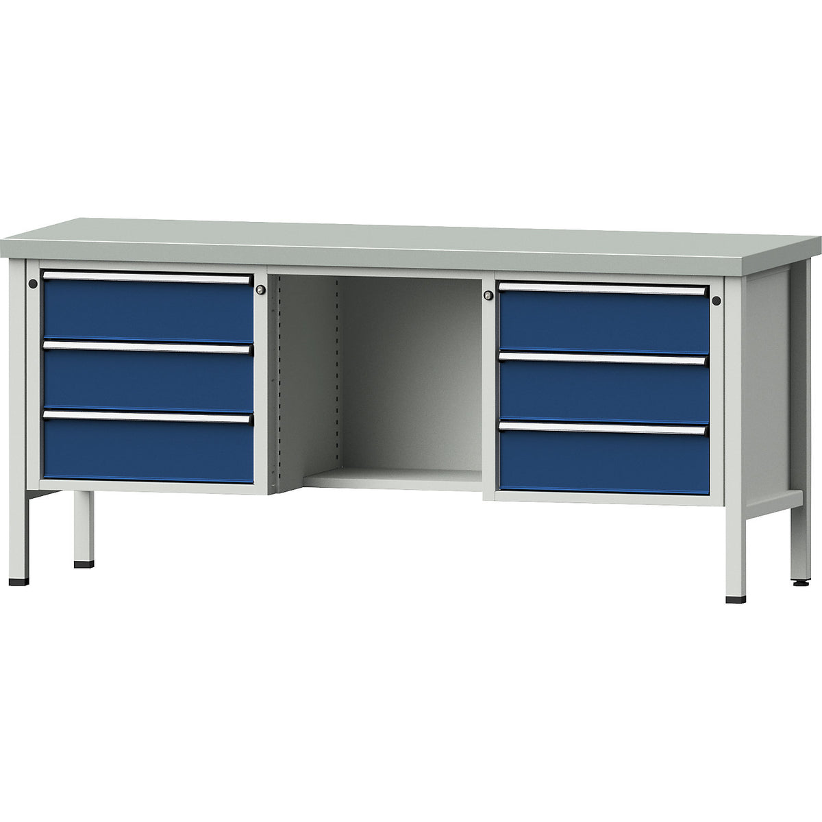 Workbench, Series V frame construction, 6 drawers, ½ shelf, height 890 mm, sheet steel cover.