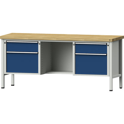 Workbench, Series V frame construction, 2 x 180 mm drawers, 2 x 360 mm, ½ shelf, height 890 mm, solid beech.