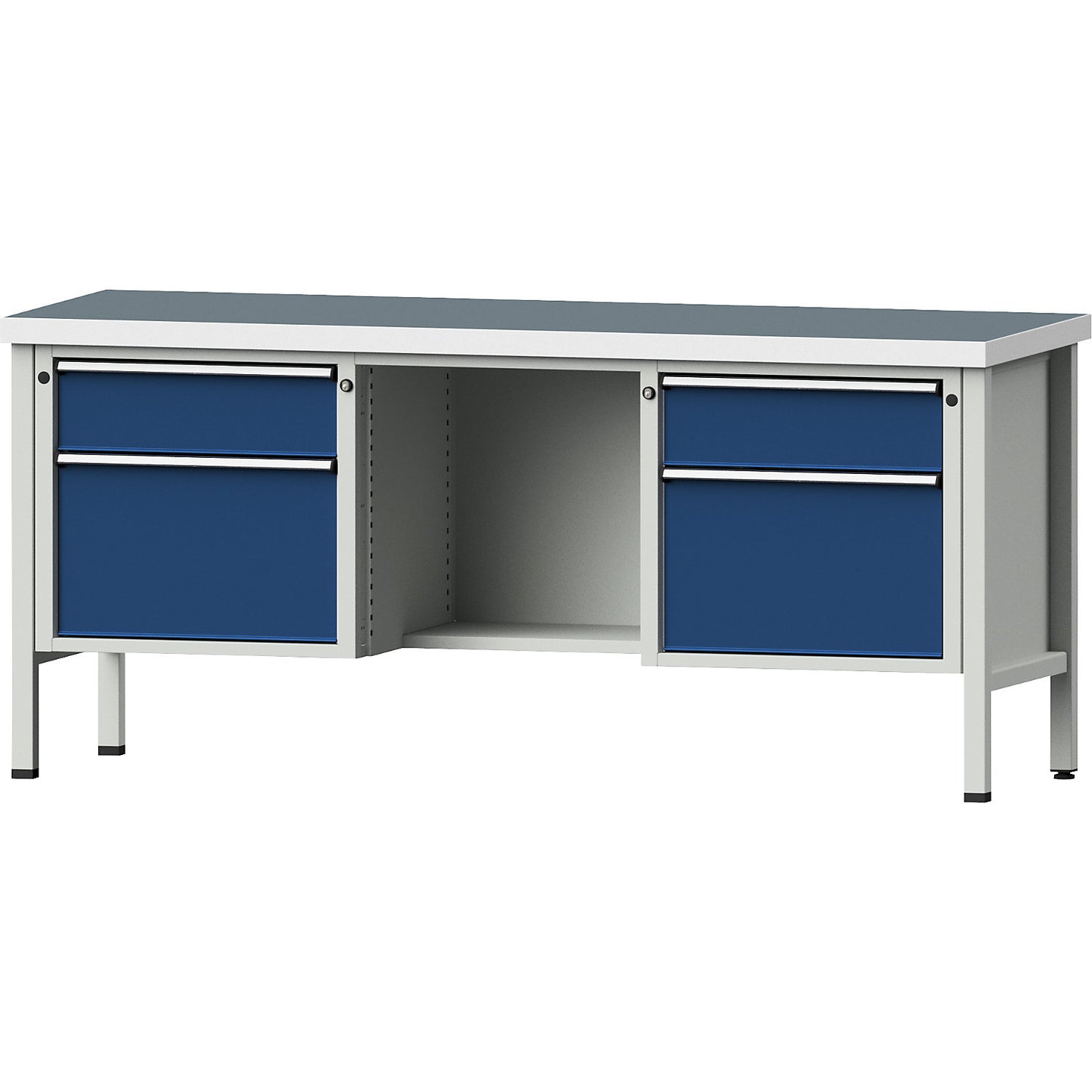 Workbench, Series V frame construction, 2 x 180 mm drawers, 2 x 360 mm, ½ shelf, height 890 mm, universal worktop.