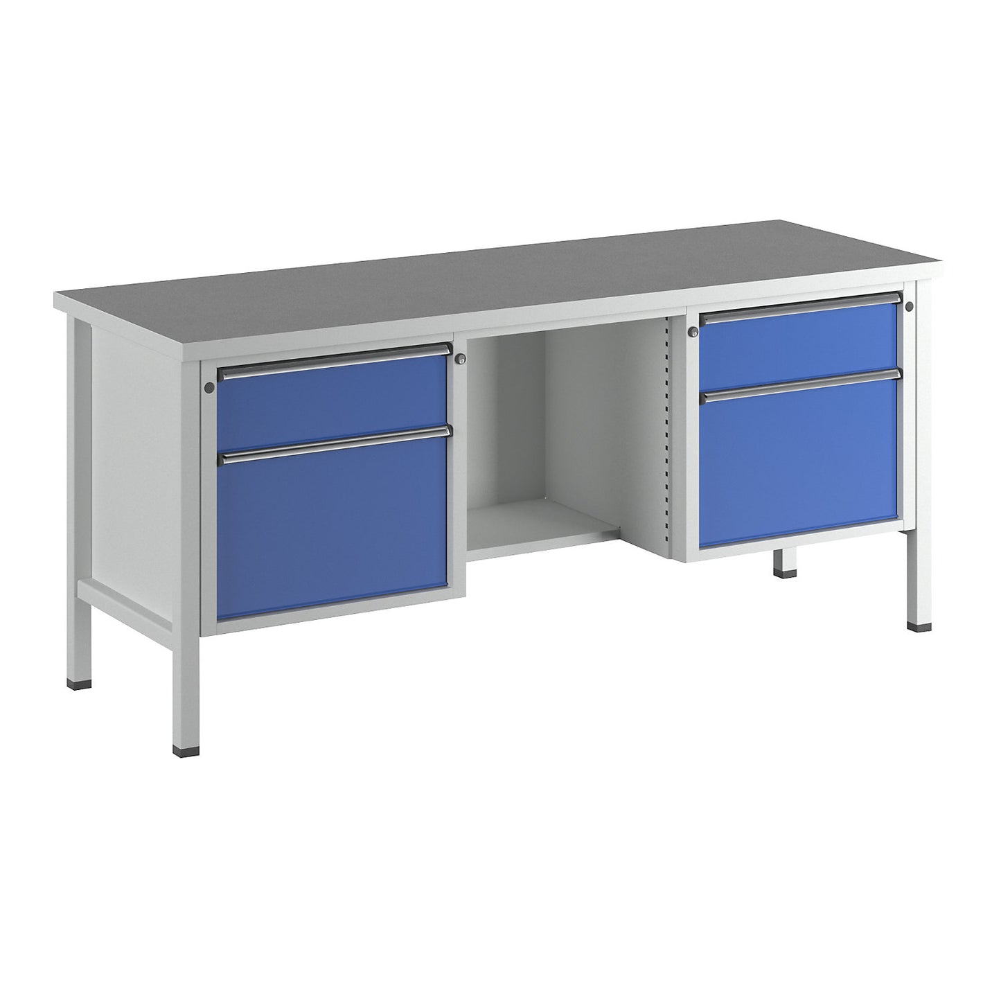 Workbench, Series V frame construction, 2 x 180 mm drawers, 2 x 360 mm, ½ shelf, height 890 mm, universal worktop.