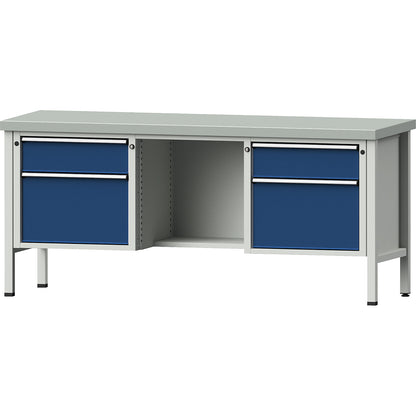 Workbench, Series V frame construction, 2 x 180 mm drawers, 2 x 360 mm, ½ shelf, height 890 mm, sheet steel cover.