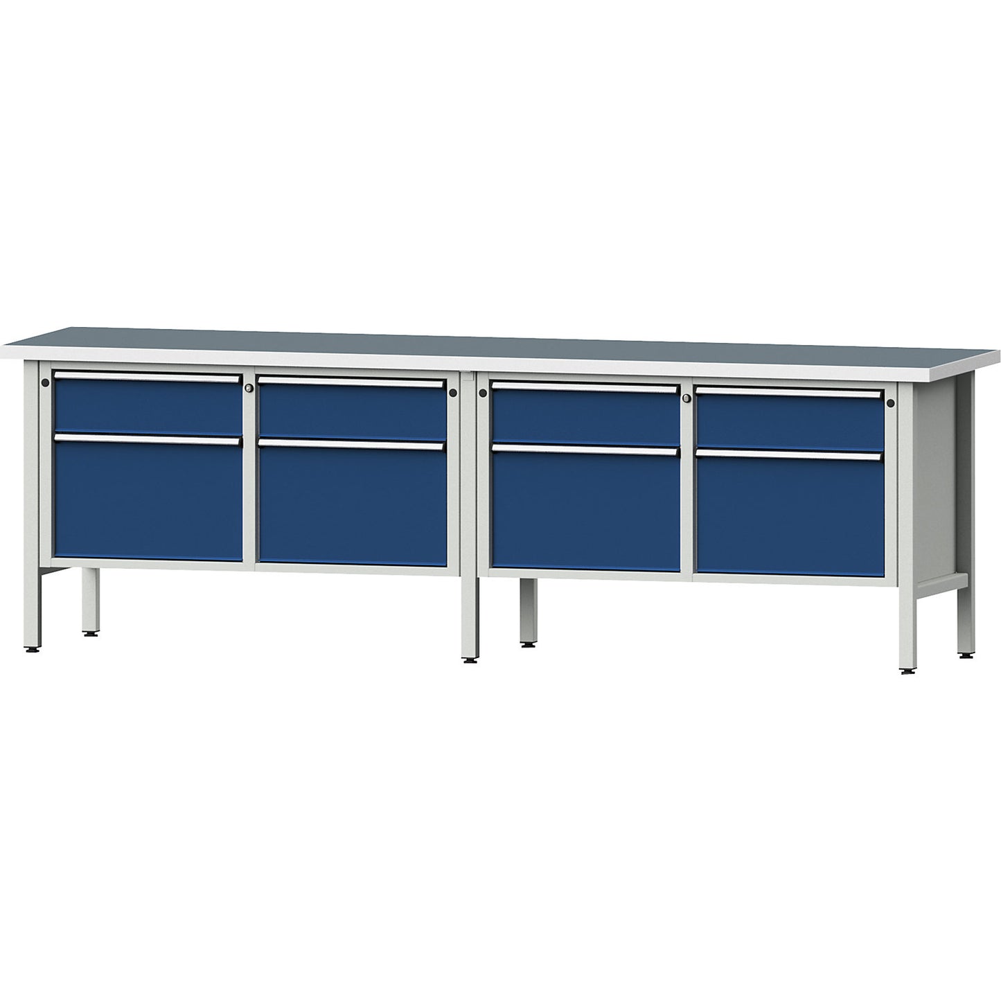 Workbench width 2800 mm, frame construction, 8 drawers, height 890 mm, universal worktop.