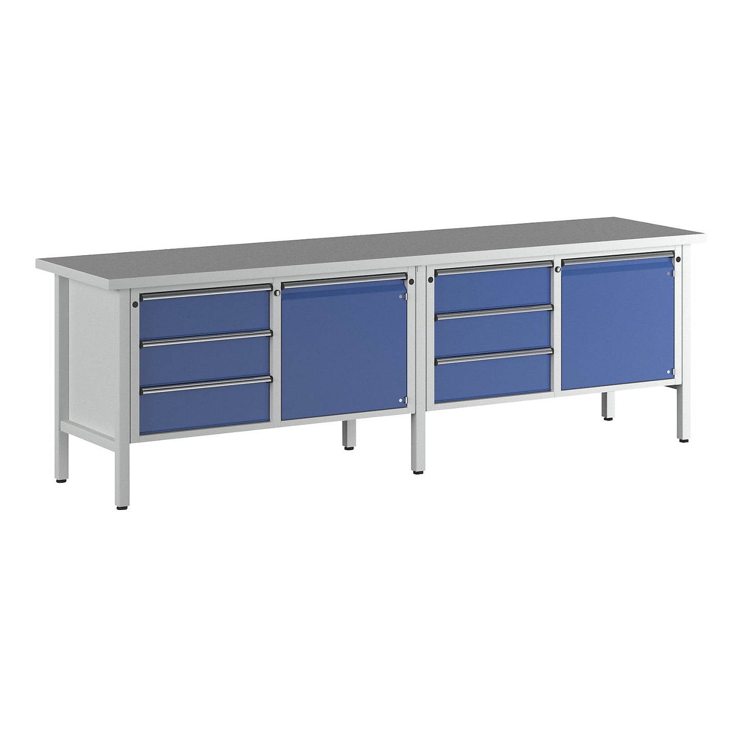 Workbench width 2800 mm, frame construction, 2 doors, 6 fully extendible drawers, height 890 mm, universal worktop.