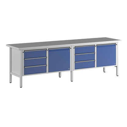 Workbench width 2800 mm, frame construction, 2 doors, 6 fully extendible drawers, height 890 mm, universal worktop.
