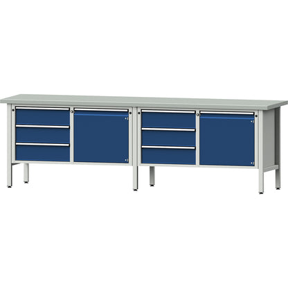 Workbench width 2800 mm, frame construction, 2 doors, 6 fully extendible drawers, height 890 mm, sheet steel covered worktop.