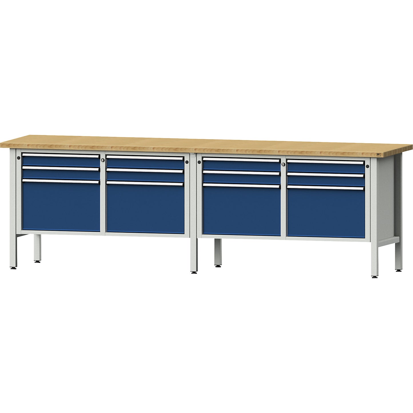 Workbench width 2800 mm, frame construction, 12 drawers, 8 x 90 mm, 4 x 360 mm, height 890 mm, solid beech worktop.