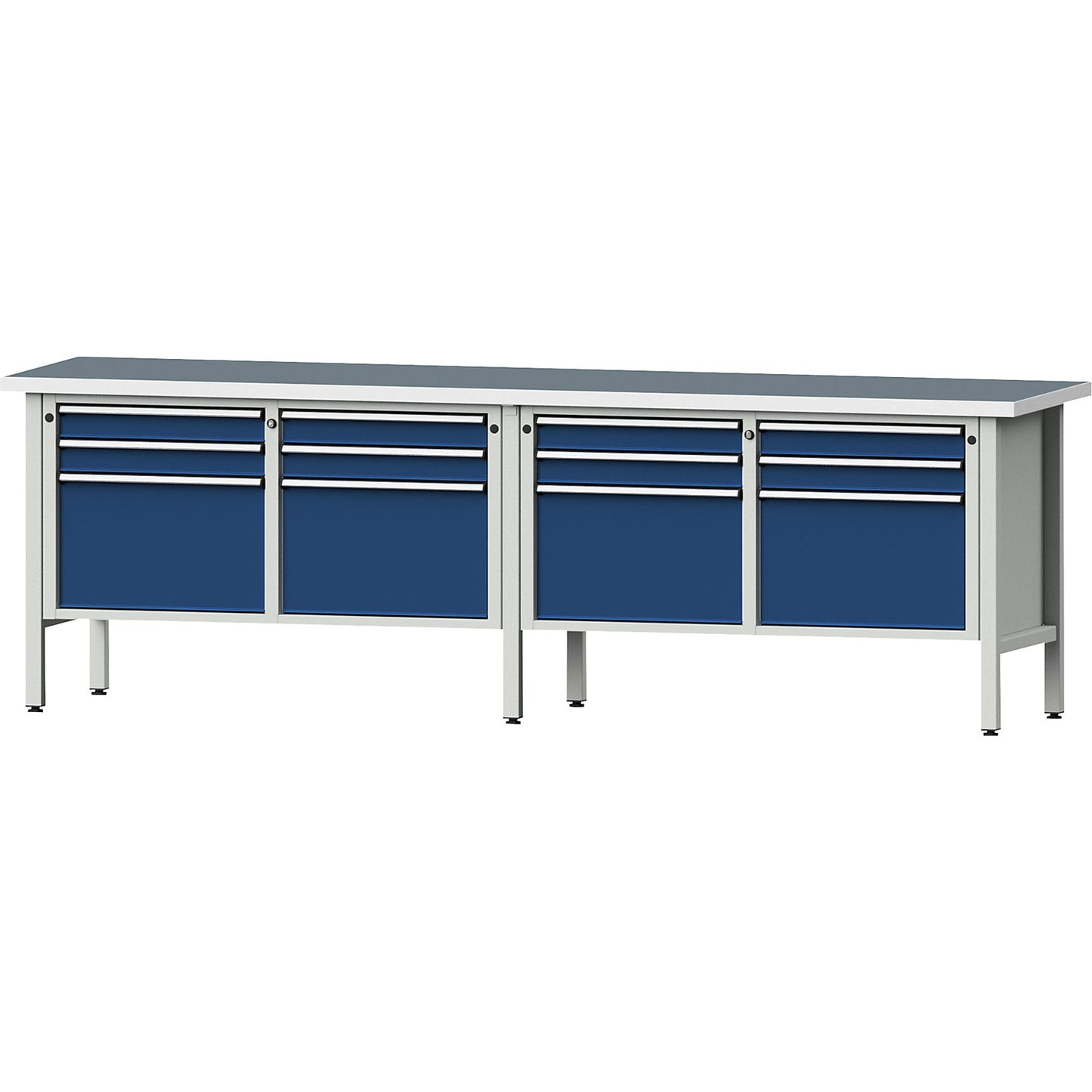 Workbench width 2800 mm, frame construction, 12 drawers, 8 x 90 mm, 4 x 360 mm, height 890 mm, universal worktop.