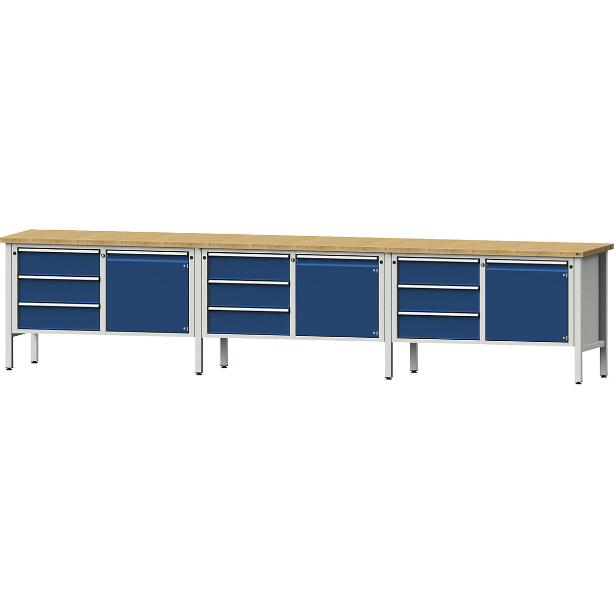 Workbench extra wide, frame construction, 3 doors, 9 drawers are fully extendable, working height 890 mm, solid beech worktop.