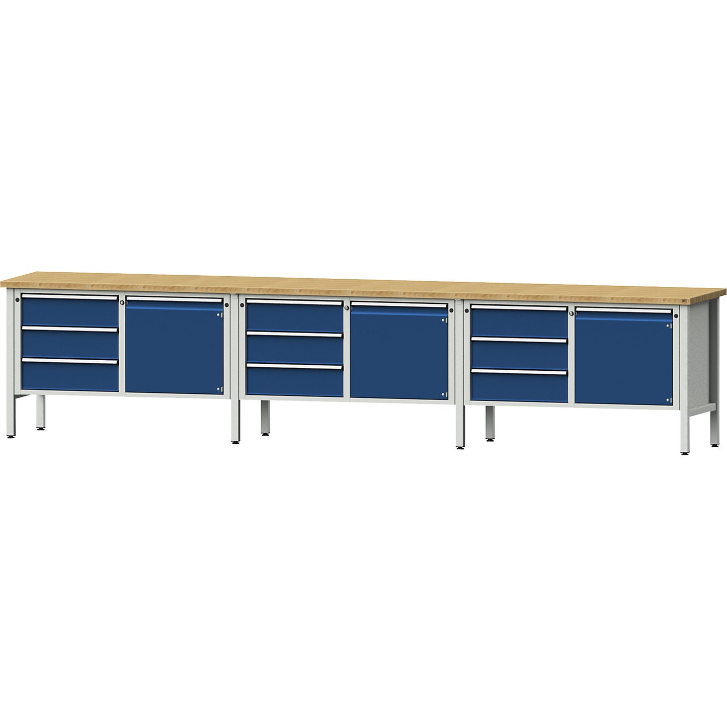 Workbench extra wide, frame construction, 3 doors, 9 drawers are fully extendable, working height 890 mm, solid beech worktop.